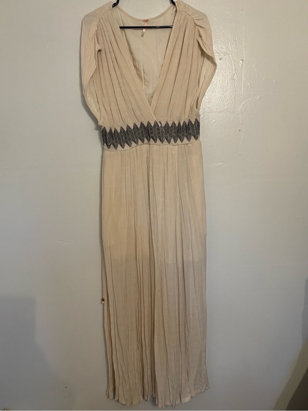Free People Cream Pleated V-Neck Maxi Dress with Embroidered Waist
